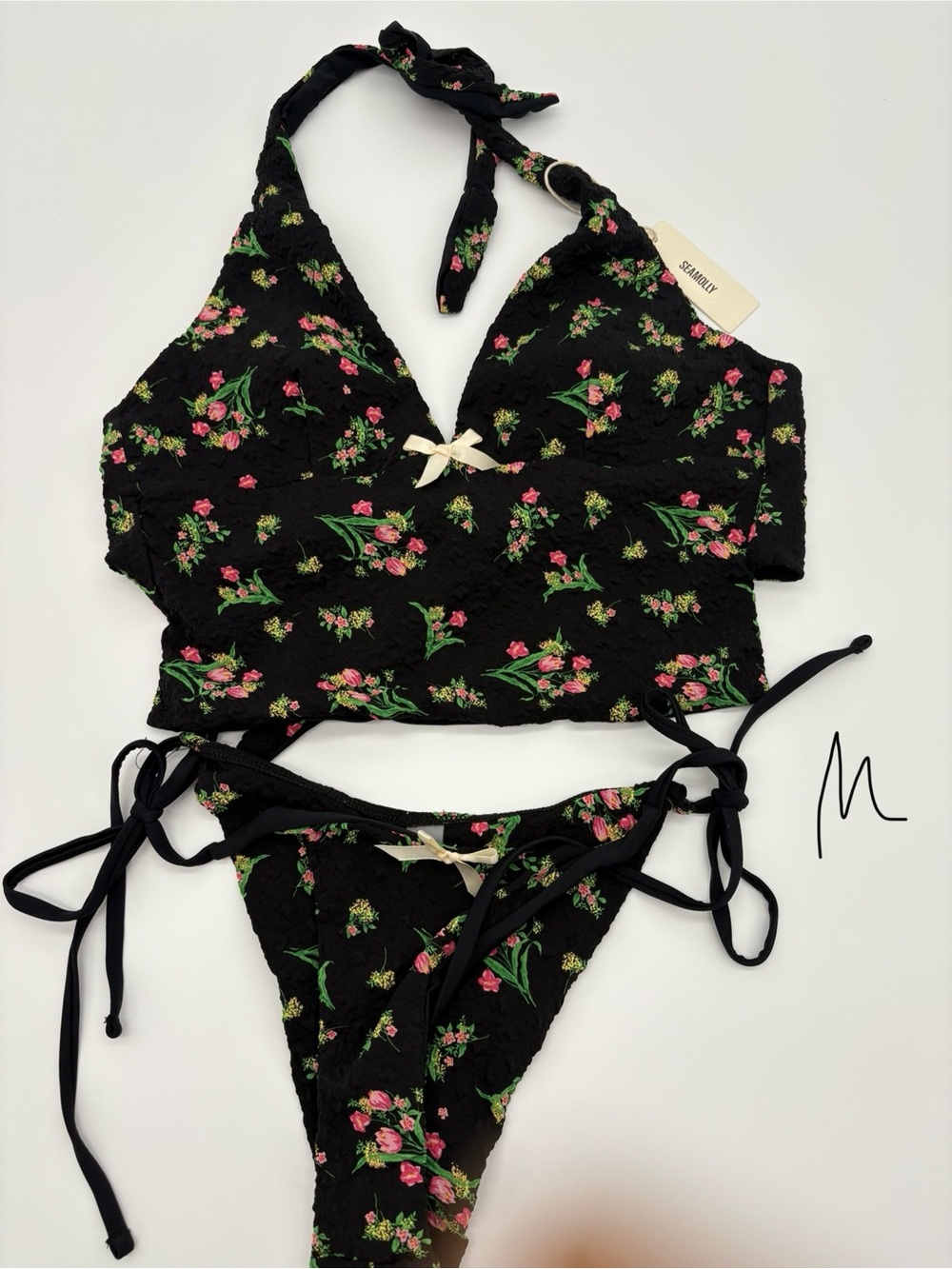 Black Floral Women's Two-Piece Halter Bikini Set NWT